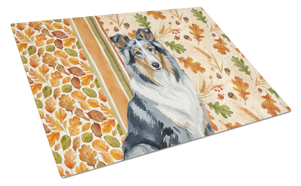 Blue Merle Collie Heirloom Fall Cutting Board Tempered Glass Kitchen Cutting Surface, Heat Resistant Chopping, Non-Slip Feet, Food Prep & Serving