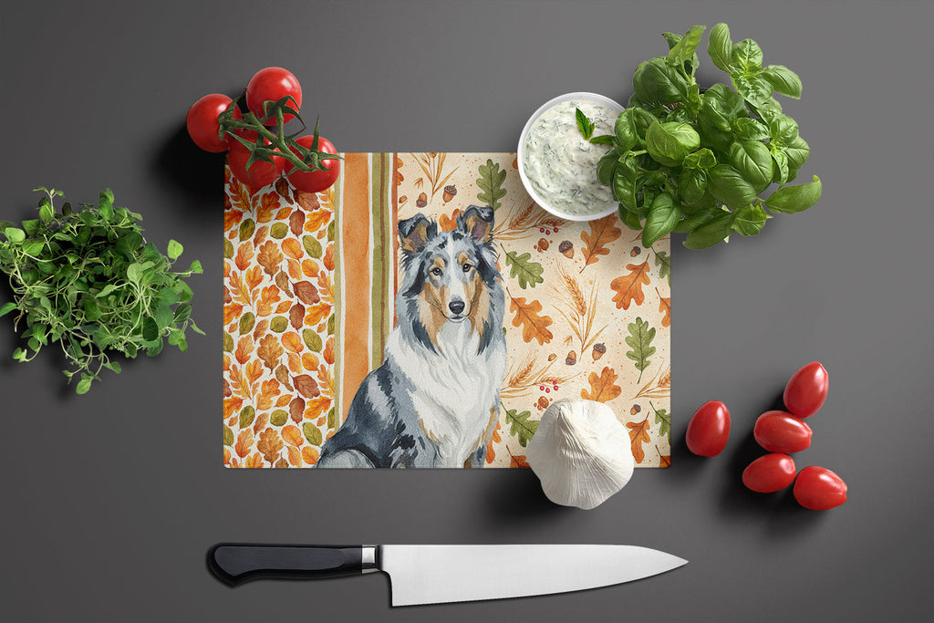 Blue Merle Collie Heirloom Fall Cutting Board Tempered Glass Kitchen Cutting Surface, Heat Resistant Chopping, Non-Slip Feet, Food Prep & Serving