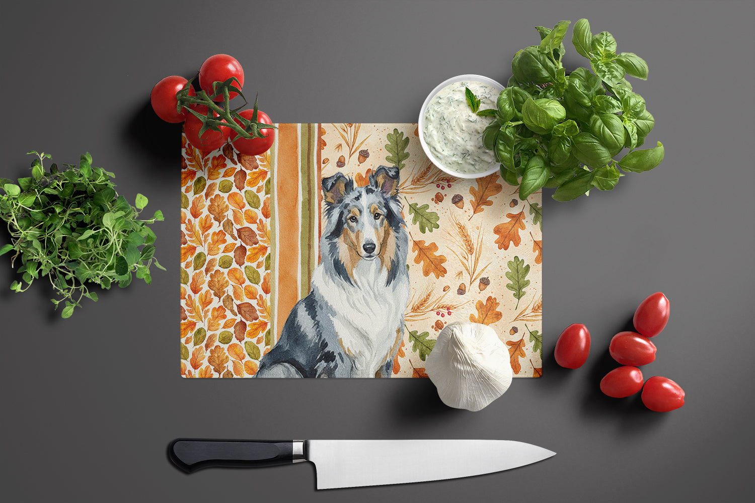 Blue Merle Collie Heirloom Fall Cutting Board Tempered Glass Kitchen Cutting Surface, Heat Resistant Chopping, Non-Slip Feet, Food Prep & Serving