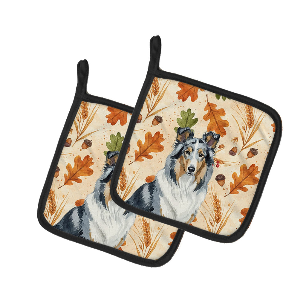 Blue Merle Collie Heirloom Fall Pot Holder Set of 2 Heat Resistant Quilted Hot Pads 7.5 x 7.5 Inch, Insulated Kitchen Trivets for Cooking & Baking