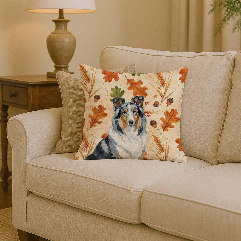Blue Merle Collie Heirloom Fall Decorative Throw Pillow 14x14 Indoor Outdoor Accent Cushion, Fabric Cover with Insert for Sofa, Bed, Porch & Living Room