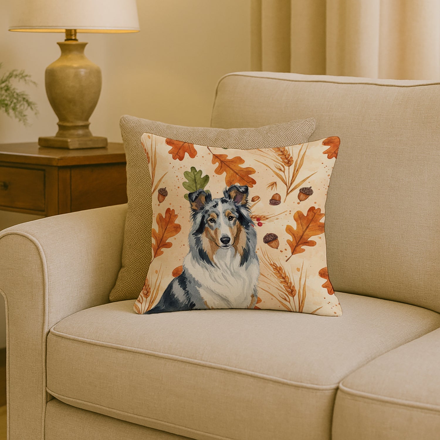 Blue Merle Collie Heirloom Fall Decorative Throw Pillow 18x18 Indoor Outdoor Accent Cushion, Fabric Cover with Insert for Sofa, Bed, Porch & Living Room