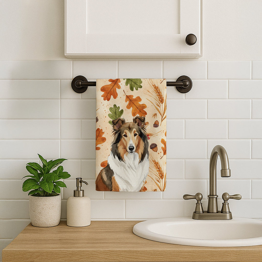Sable Collie Heirloom Fall Kitchen Towel Velour Plush Front and Cotton Loop Back Machine Washable