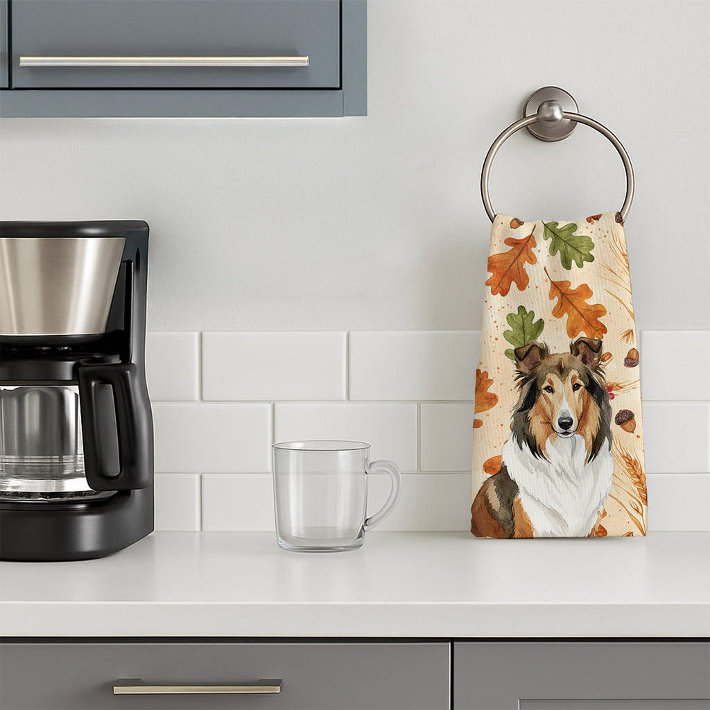 Sable Collie Heirloom Fall Kitchen Towel Velour Plush Front and Cotton Loop Back Machine Washable