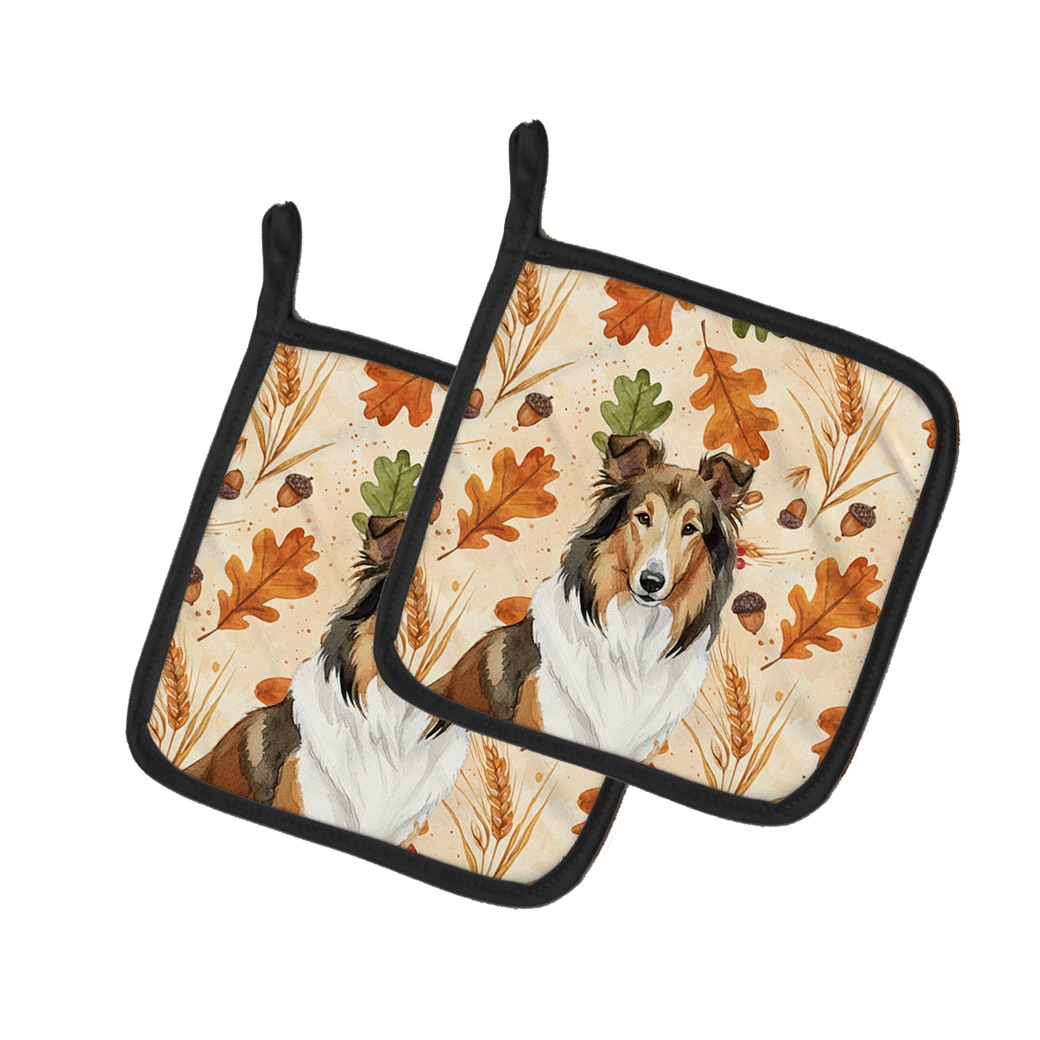 Sable Collie Heirloom Fall Pot Holder Set of 2 Heat Resistant Quilted Hot Pads 7.5 x 7.5 Inch, Insulated Kitchen Trivets for Cooking & Baking