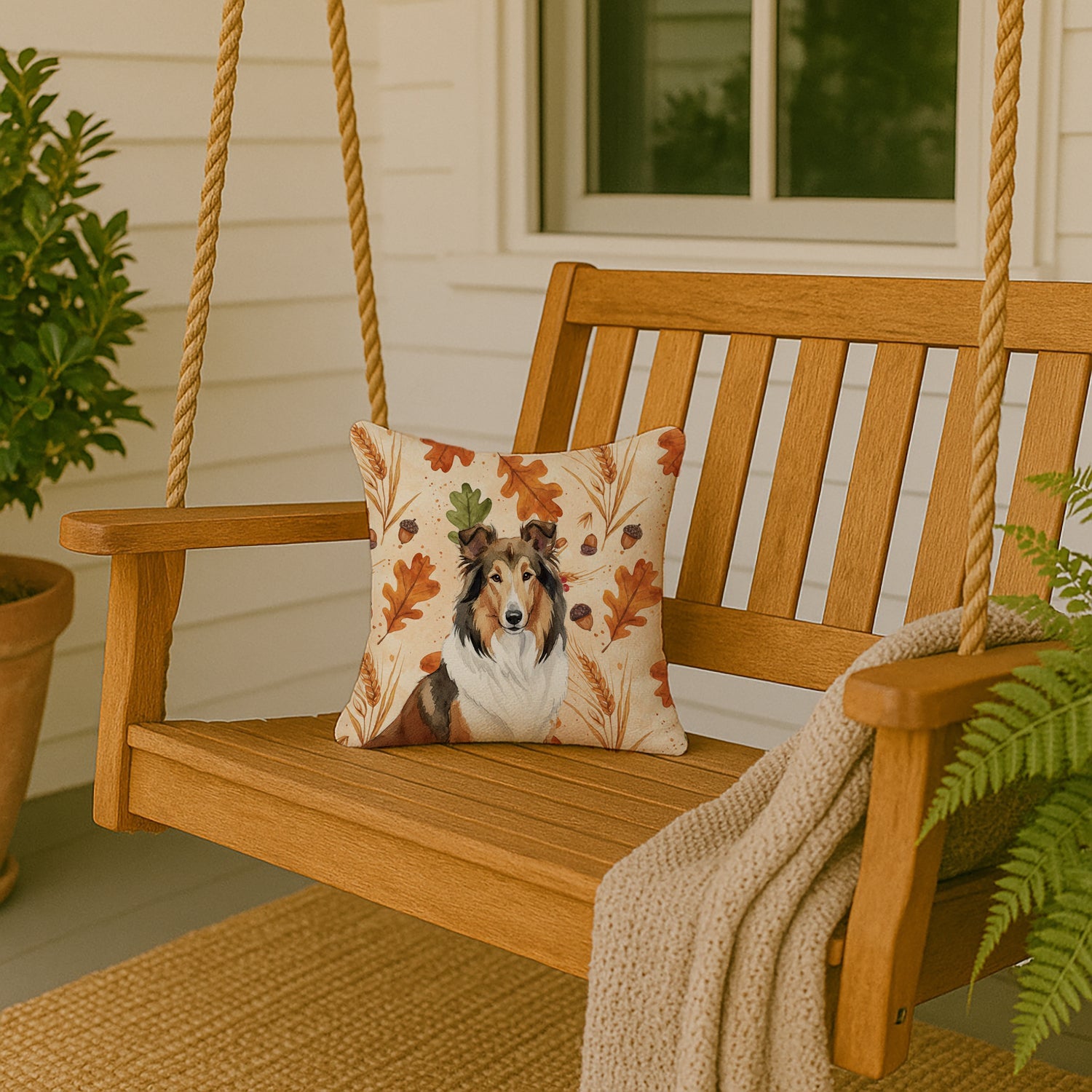 Sable Collie Heirloom Fall Decorative Throw Pillow 14x14 Indoor Outdoor Accent Cushion, Fabric Cover with Insert for Sofa, Bed, Porch & Living Room