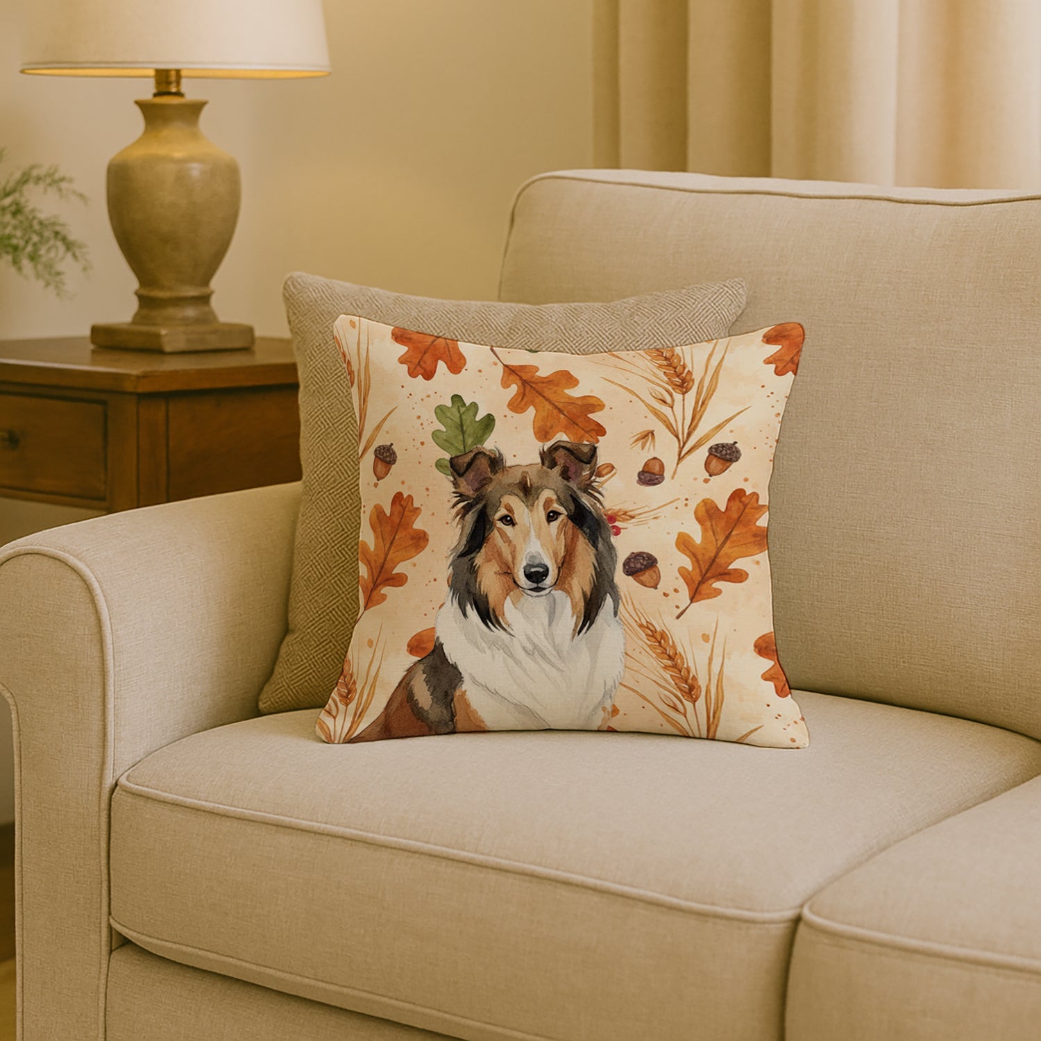 Sable Collie Heirloom Fall Decorative Throw Pillow 18x18 Indoor Outdoor Accent Cushion, Fabric Cover with Insert for Sofa, Bed, Porch & Living Room