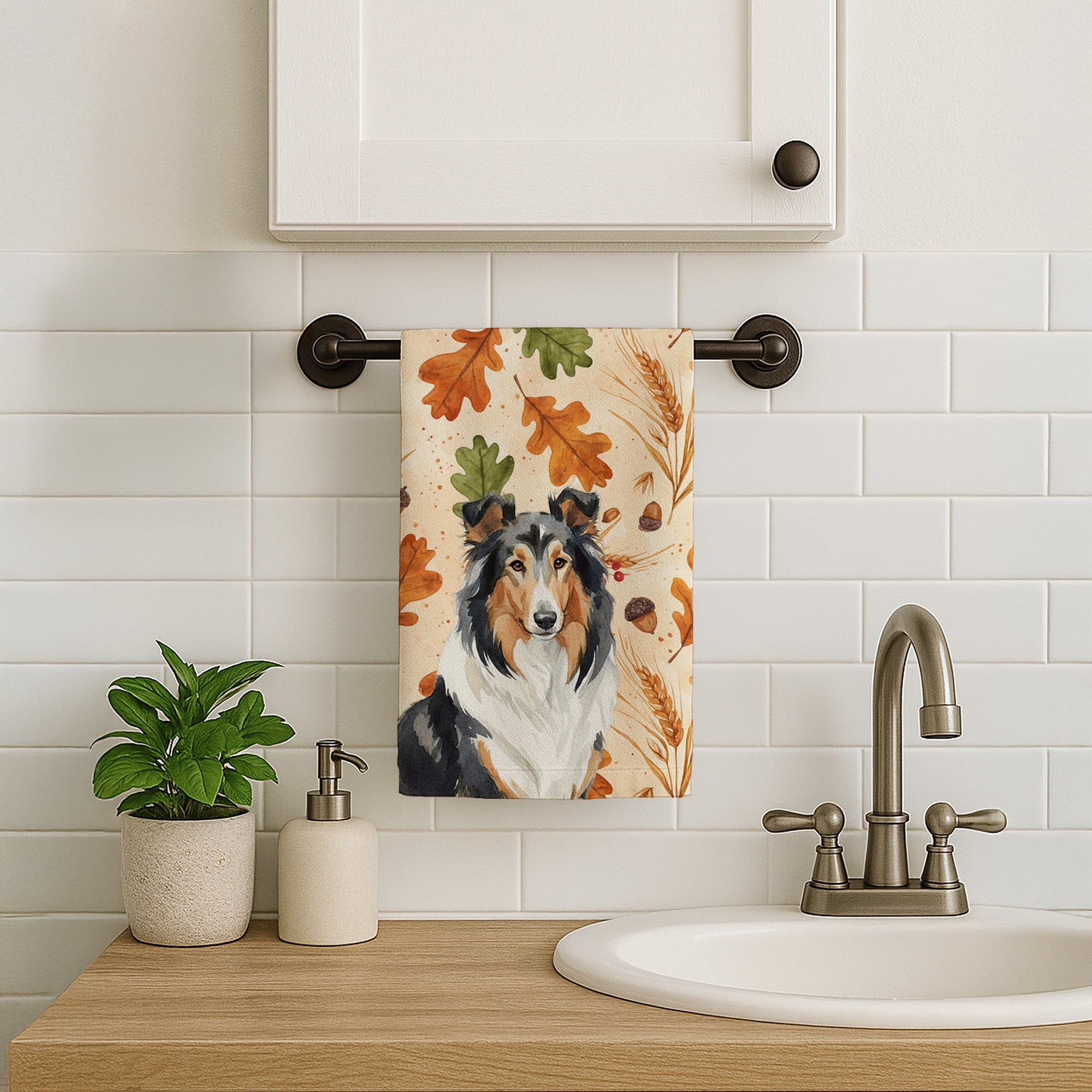 Tricolor Collie Heirloom Fall Kitchen Towel Velour Plush Front and Cotton Loop Back Machine Washable