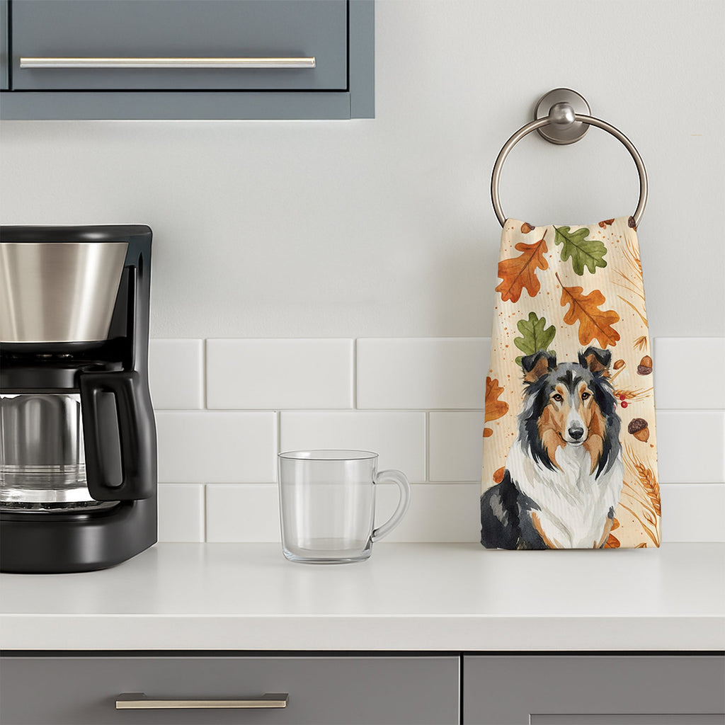 Tricolor Collie Heirloom Fall Kitchen Towel Velour Plush Front and Cotton Loop Back Machine Washable