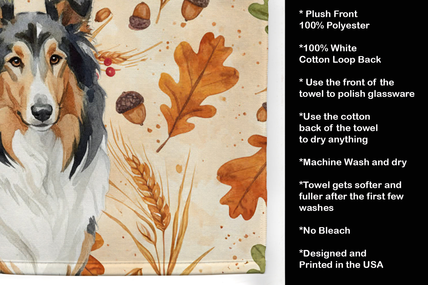 Tricolor Collie Heirloom Fall Kitchen Towel Velour Plush Front and Cotton Loop Back Machine Washable