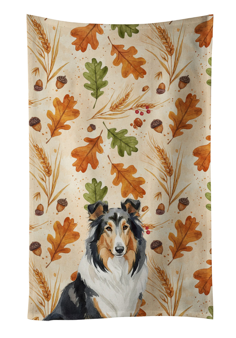 Tricolor Collie Heirloom Fall Kitchen Towel Velour Plush Front and Cotton Loop Back Machine Washable