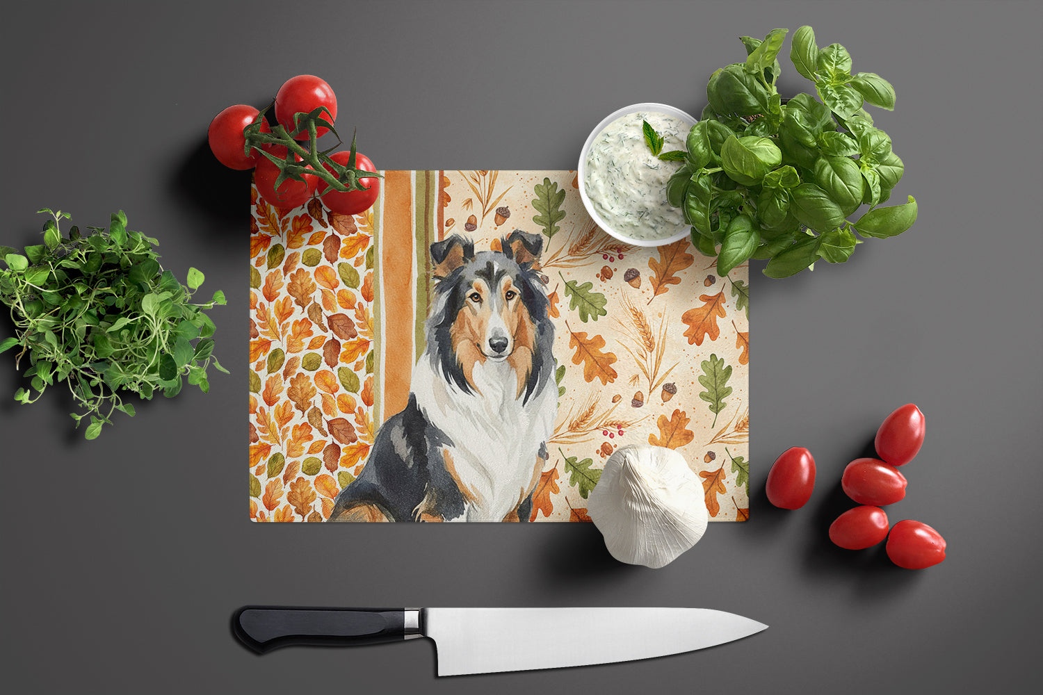 Tricolor Collie Heirloom Fall Cutting Board Tempered Glass Kitchen Cutting Surface, Heat Resistant Chopping, Non-Slip Feet, Food Prep & Serving
