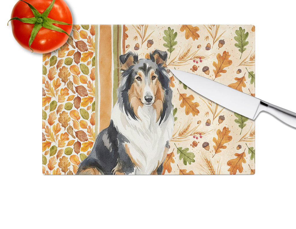 Tricolor Collie Heirloom Fall Cutting Board Tempered Glass Kitchen Cutting Surface, Heat Resistant Chopping, Non-Slip Feet, Food Prep & Serving