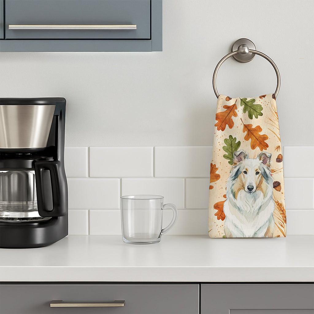 White Collie Heirloom Fall Kitchen Towel Velour Plush Front and Cotton Loop Back Machine Washable