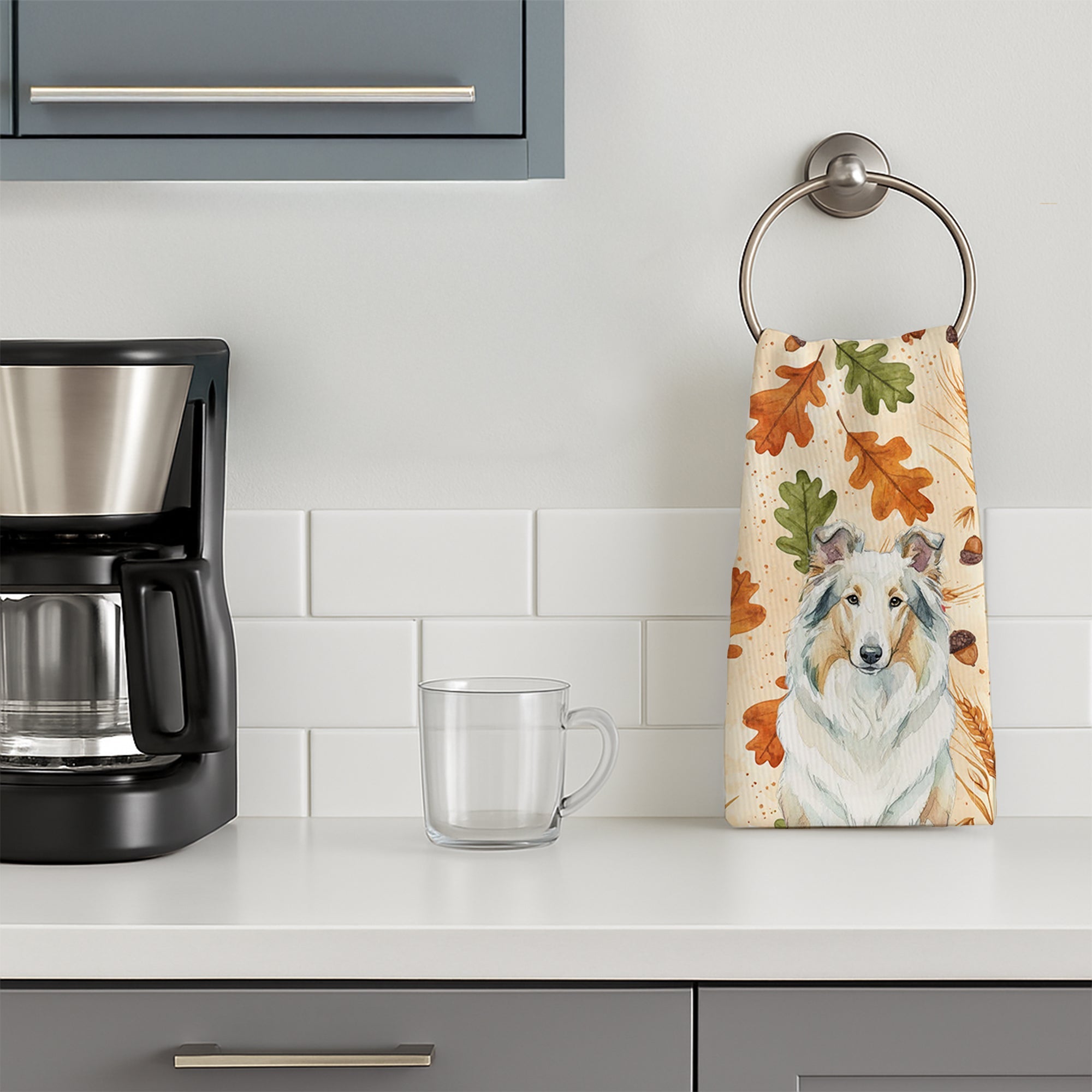 White Collie Heirloom Fall Kitchen Towel Velour Plush Front and Cotton Loop Back Machine Washable
