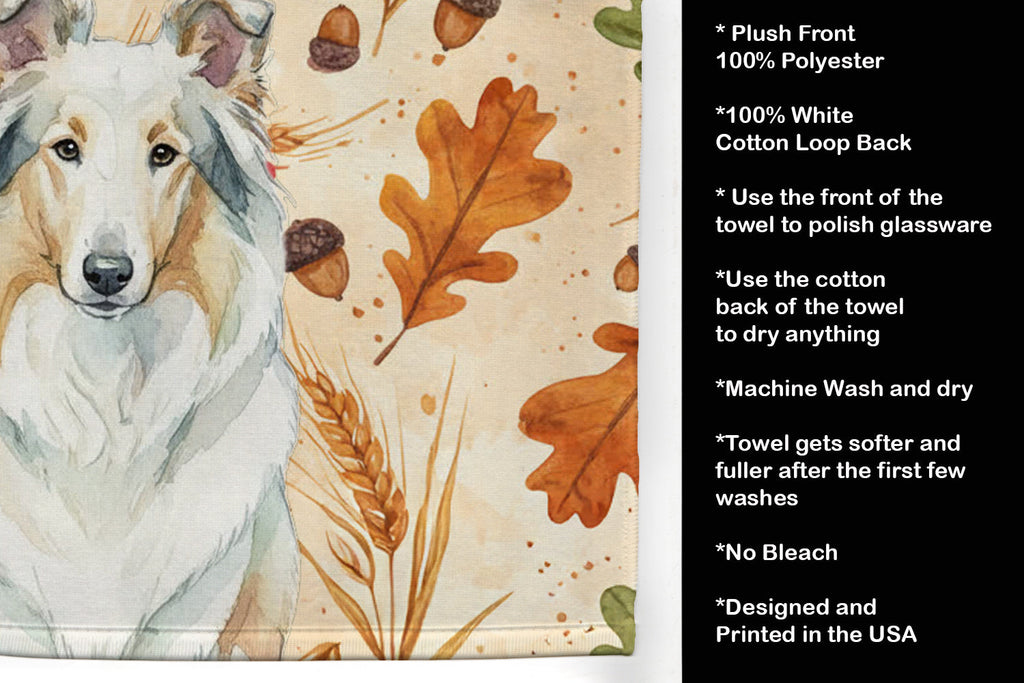 White Collie Heirloom Fall Kitchen Towel Velour Plush Front and Cotton Loop Back Machine Washable