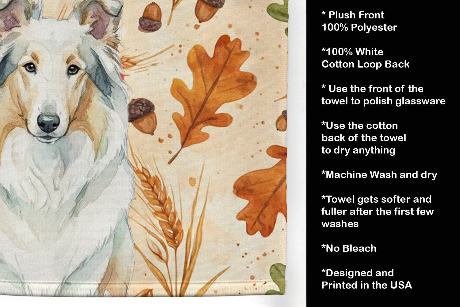 White Collie Heirloom Fall Kitchen Towel Velour Plush Front and Cotton Loop Back Machine Washable