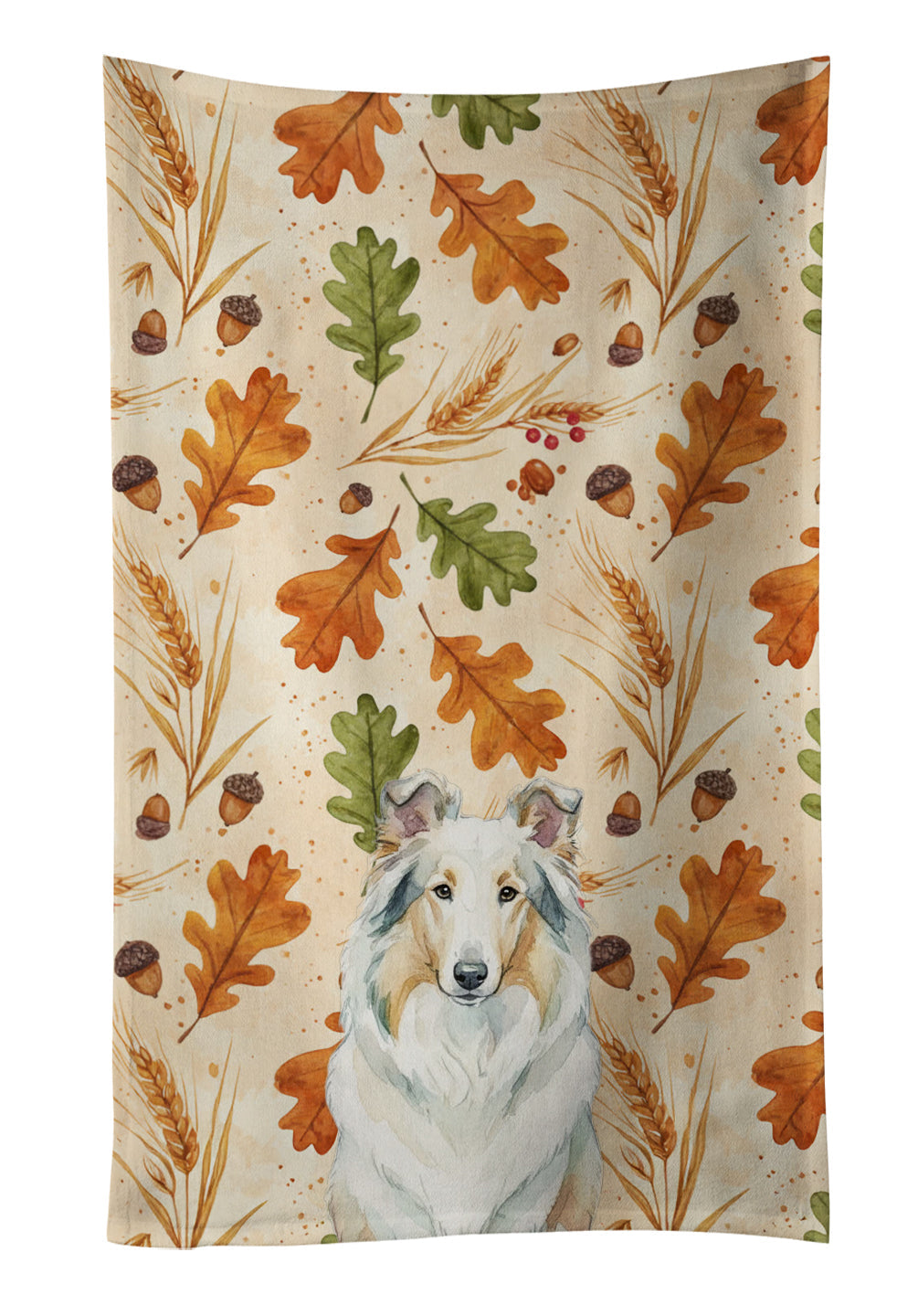 White Collie Heirloom Fall Kitchen Towel Velour Plush Front and Cotton Loop Back Machine Washable