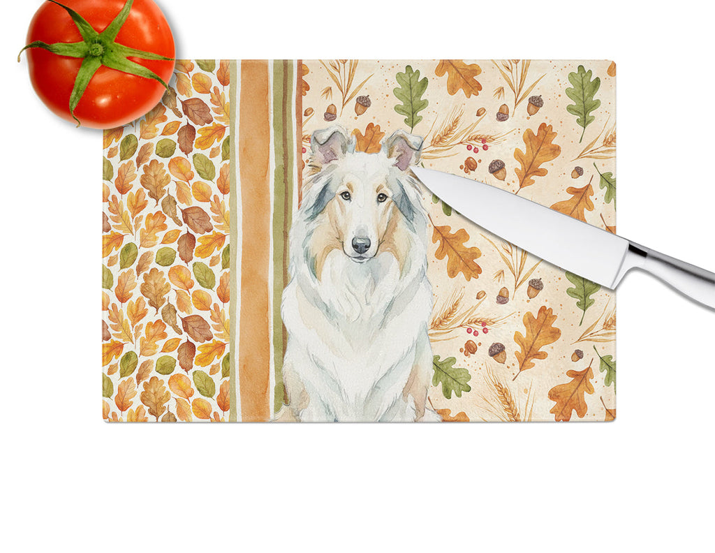 White Collie Heirloom Fall Cutting Board Tempered Glass Kitchen Cutting Surface, Heat Resistant Chopping, Non-Slip Feet, Food Prep & Serving