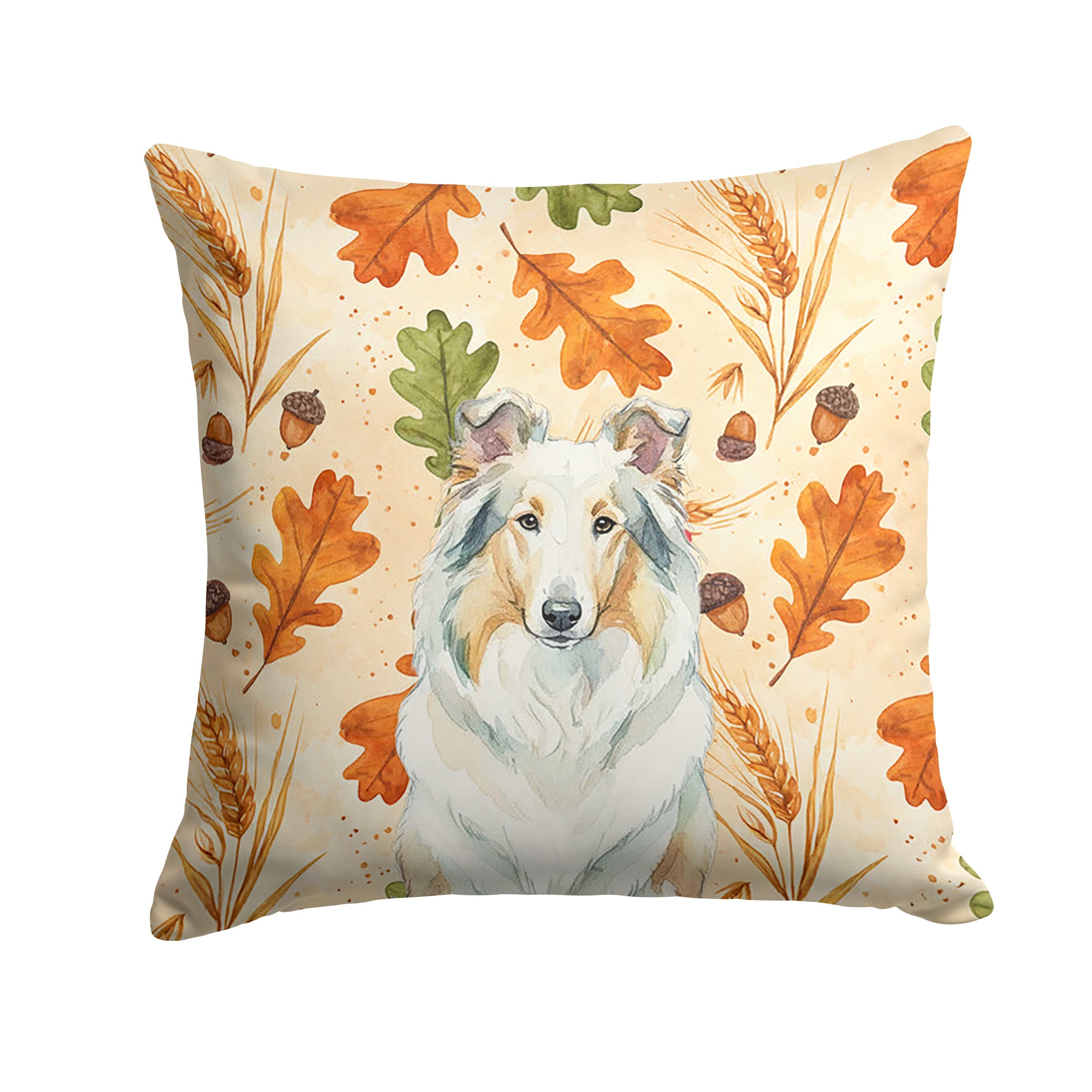 White Collie Heirloom Fall Decorative Throw Pillow 14x14 Indoor Outdoor Accent Cushion, Fabric Cover with Insert for Sofa, Bed, Porch & Living Room