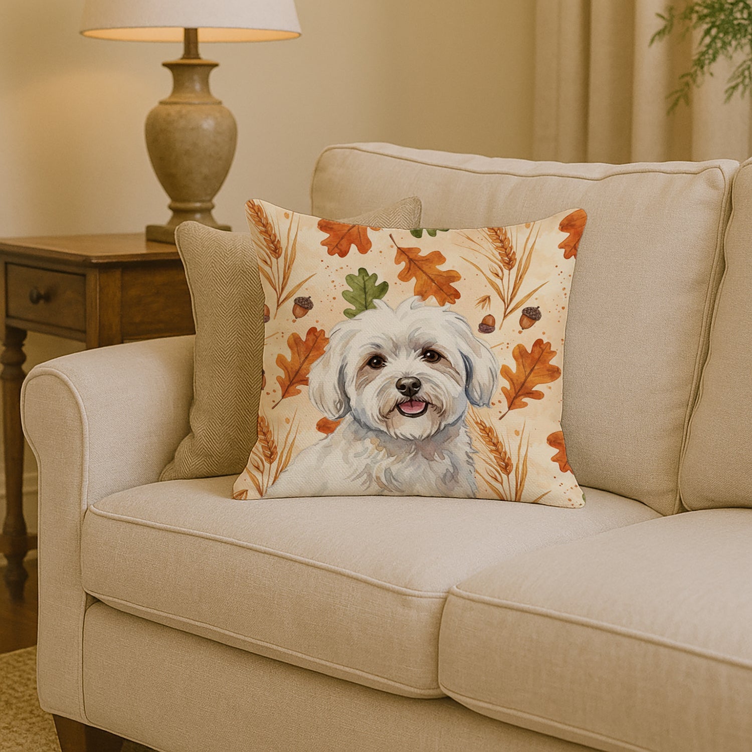 Coton de Tulear Heirloom Fall Decorative Throw Pillow 14x14 Indoor Outdoor Accent Cushion, Fabric Cover with Insert for Sofa, Bed, Porch & Living Room