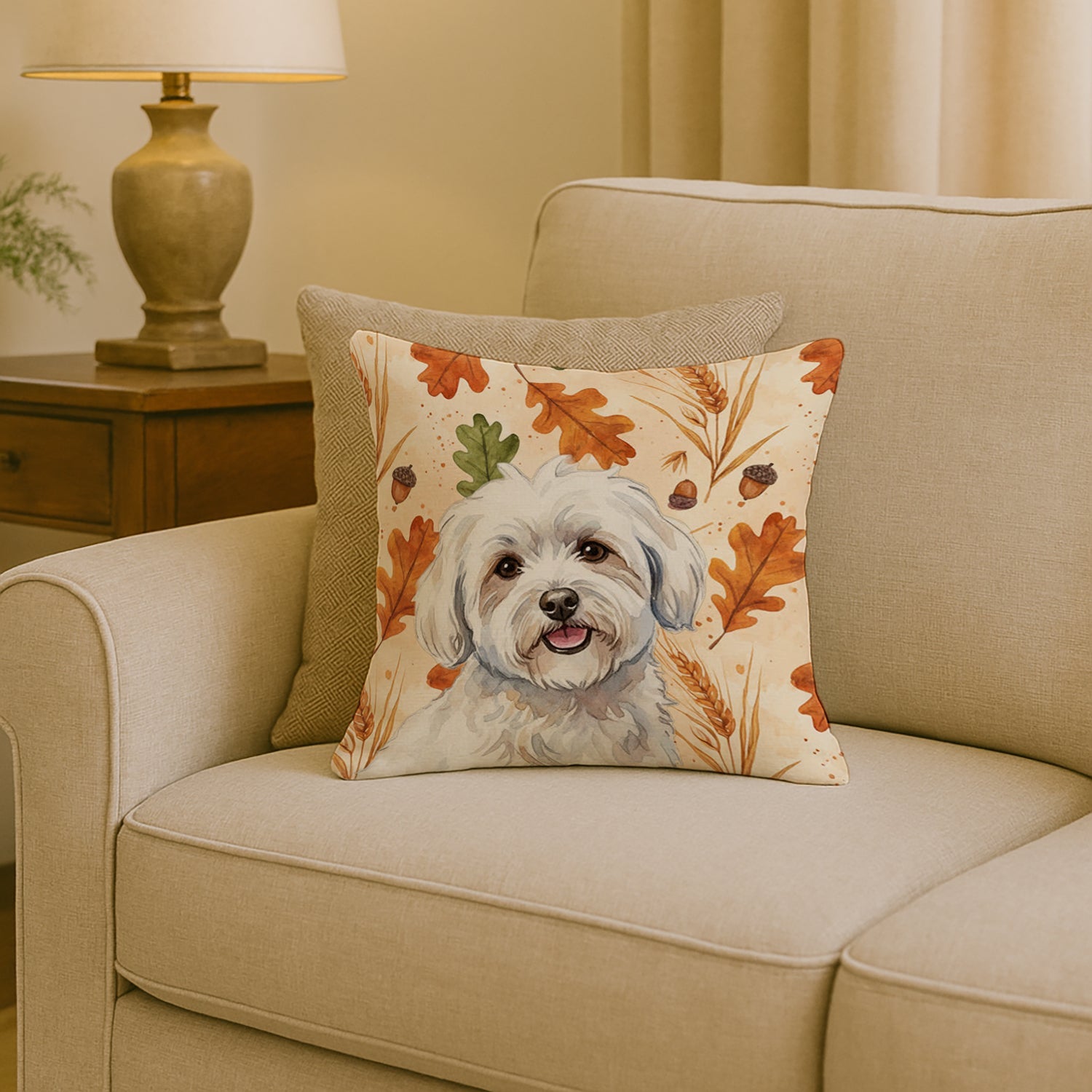 Coton de Tulear Heirloom Fall Decorative Throw Pillow 18x18 Indoor Outdoor Accent Cushion, Fabric Cover with Insert for Sofa, Bed, Porch & Living Room