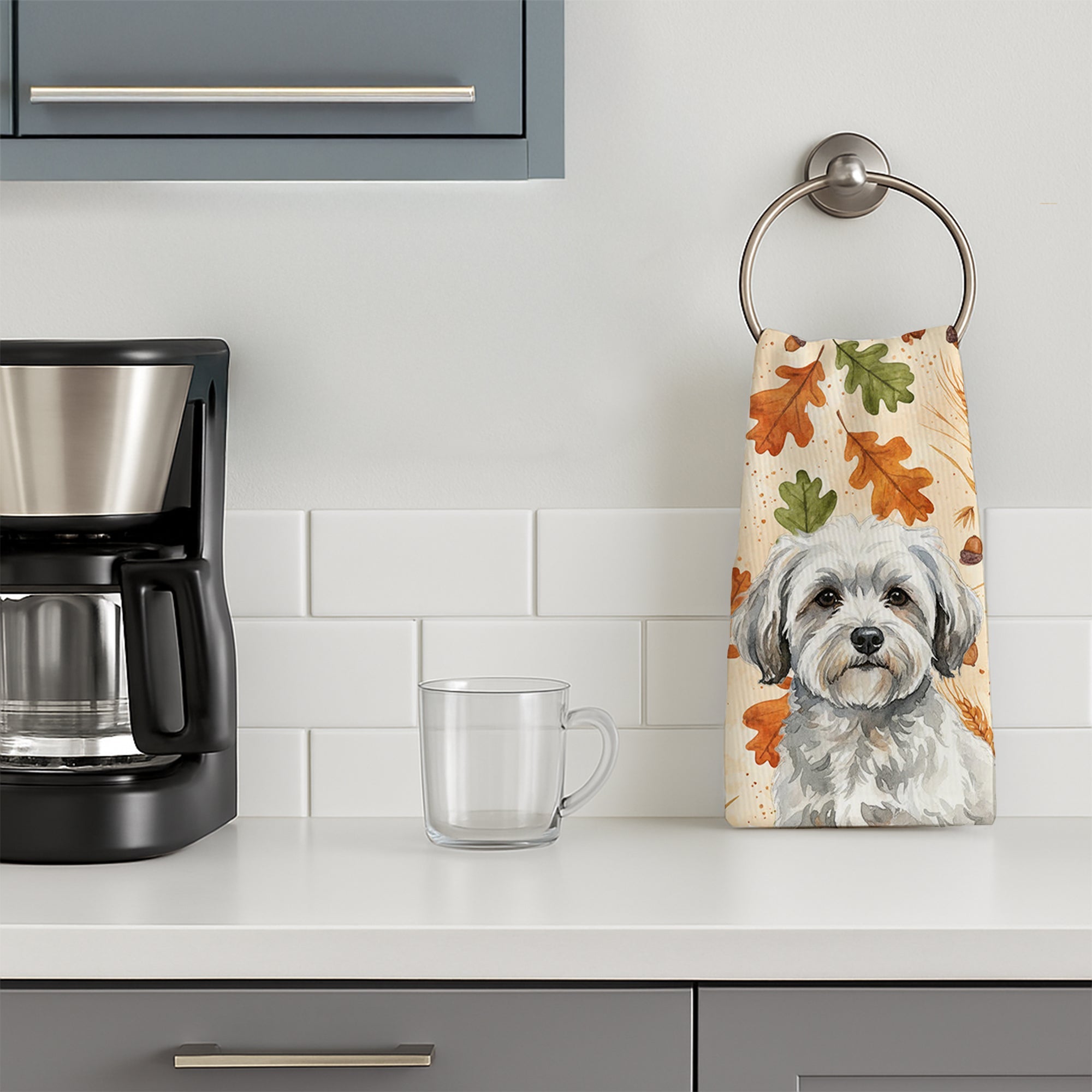 White with Gray Coton de Tulear Heirloom Fall Kitchen Towel Velour Plush Front and Cotton Loop Back Machine Washable
