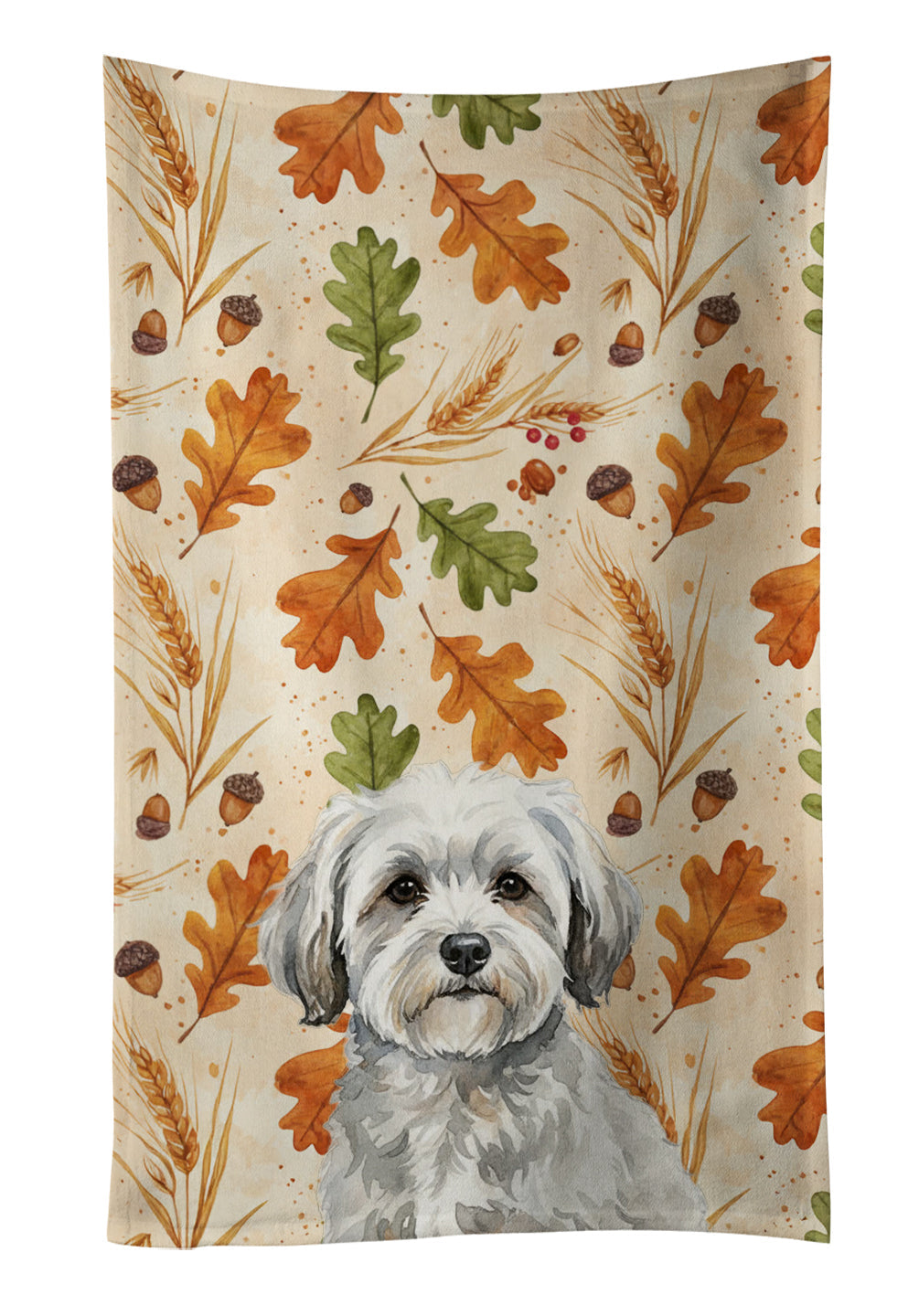 White with Gray Coton de Tulear Heirloom Fall Kitchen Towel Velour Plush Front and Cotton Loop Back Machine Washable