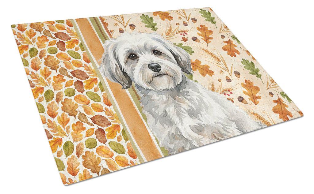 White with Gray Coton de Tulear Heirloom Fall Cutting Board Tempered Glass Kitchen Cutting Surface, Heat Resistant Chopping, Non-Slip Feet, Food Prep & Serving