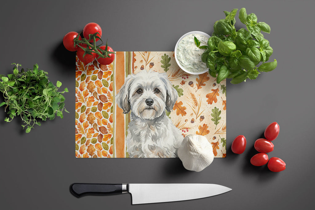 White with Gray Coton de Tulear Heirloom Fall Cutting Board Tempered Glass Kitchen Cutting Surface, Heat Resistant Chopping, Non-Slip Feet, Food Prep & Serving