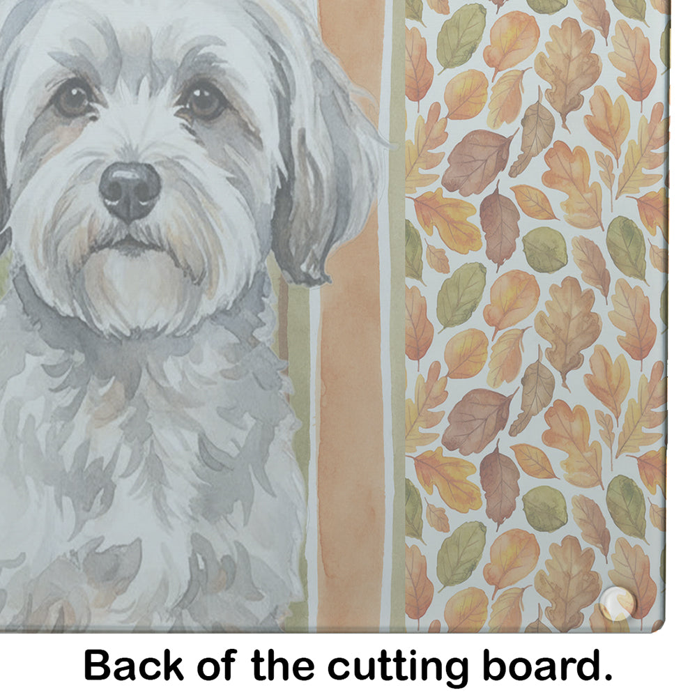 White with Gray Coton de Tulear Heirloom Fall Cutting Board Tempered Glass Kitchen Cutting Surface, Heat Resistant Chopping, Non-Slip Feet, Food Prep & Serving