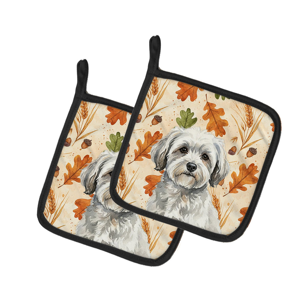 White with Gray Coton de Tulear Heirloom Fall Pot Holder Set of 2 Heat Resistant Quilted Hot Pads 7.5 x 7.5 Inch, Insulated Kitchen Trivets for Cooking & Baking