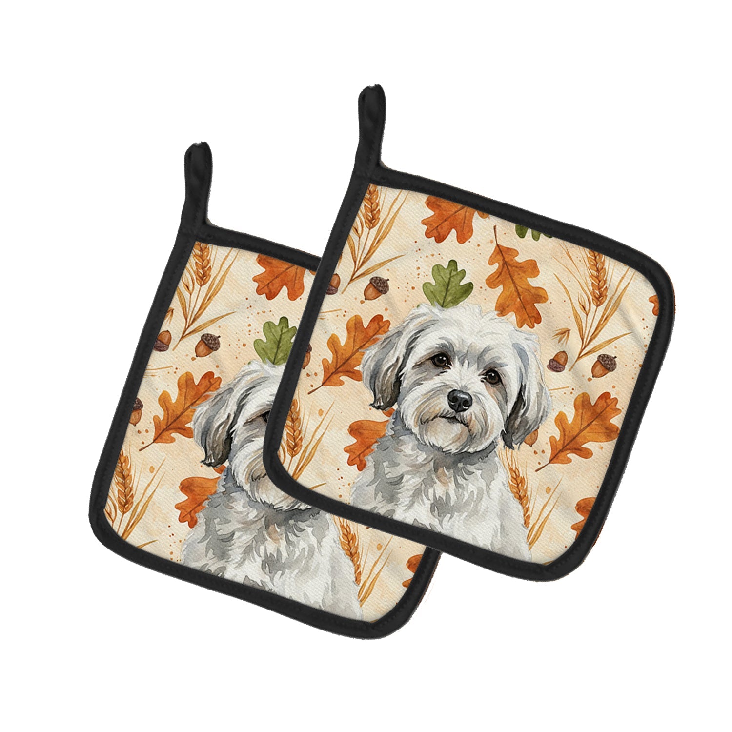 White with Gray Coton de Tulear Heirloom Fall Pot Holder Set of 2 Heat Resistant Quilted Hot Pads 7.5 x 7.5 Inch, Insulated Kitchen Trivets for Cooking & Baking
