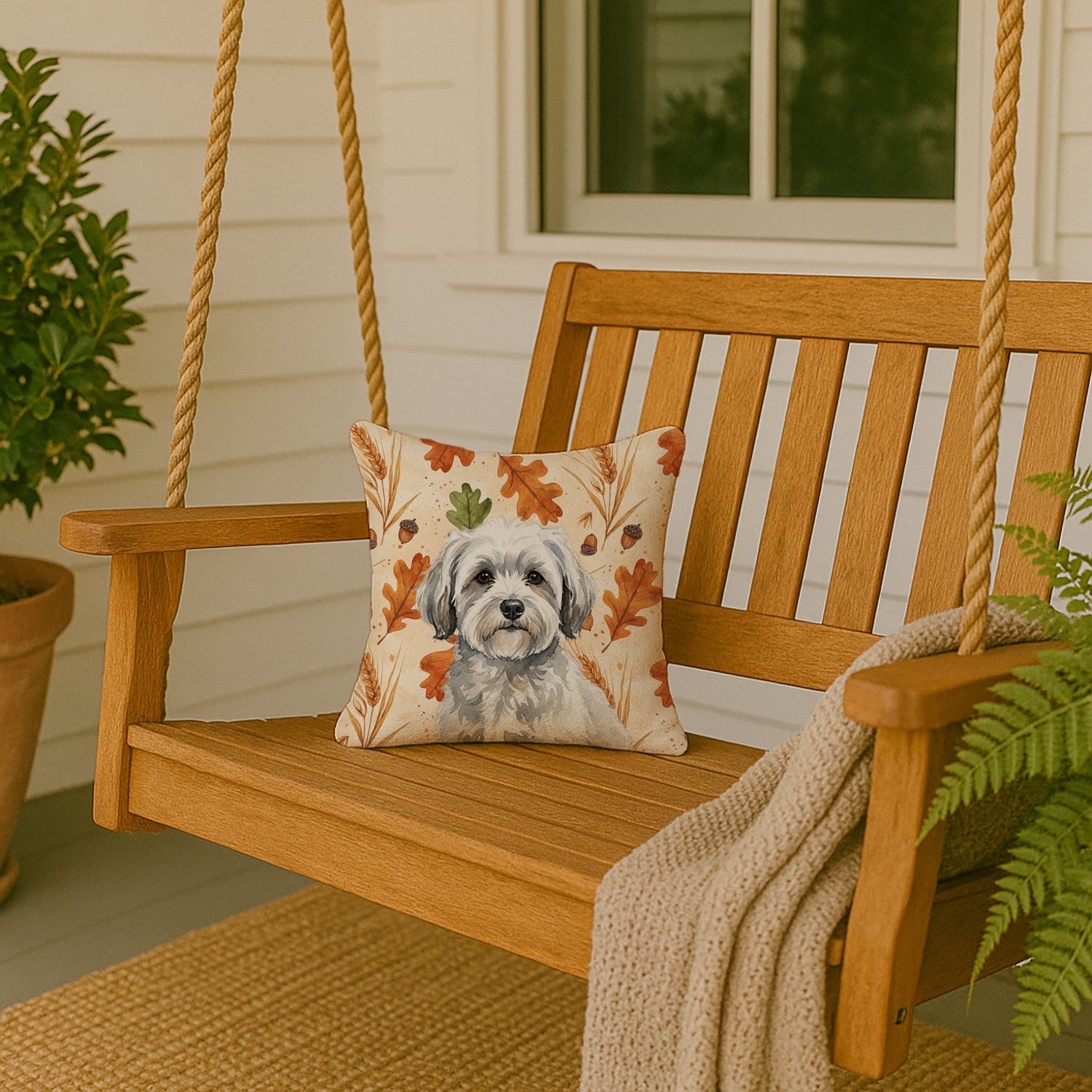 White with Gray Coton de Tulear Heirloom Fall Decorative Throw Pillow 14x14 Indoor Outdoor Accent Cushion, Fabric Cover with Insert for Sofa, Bed, Porch & Living Room
