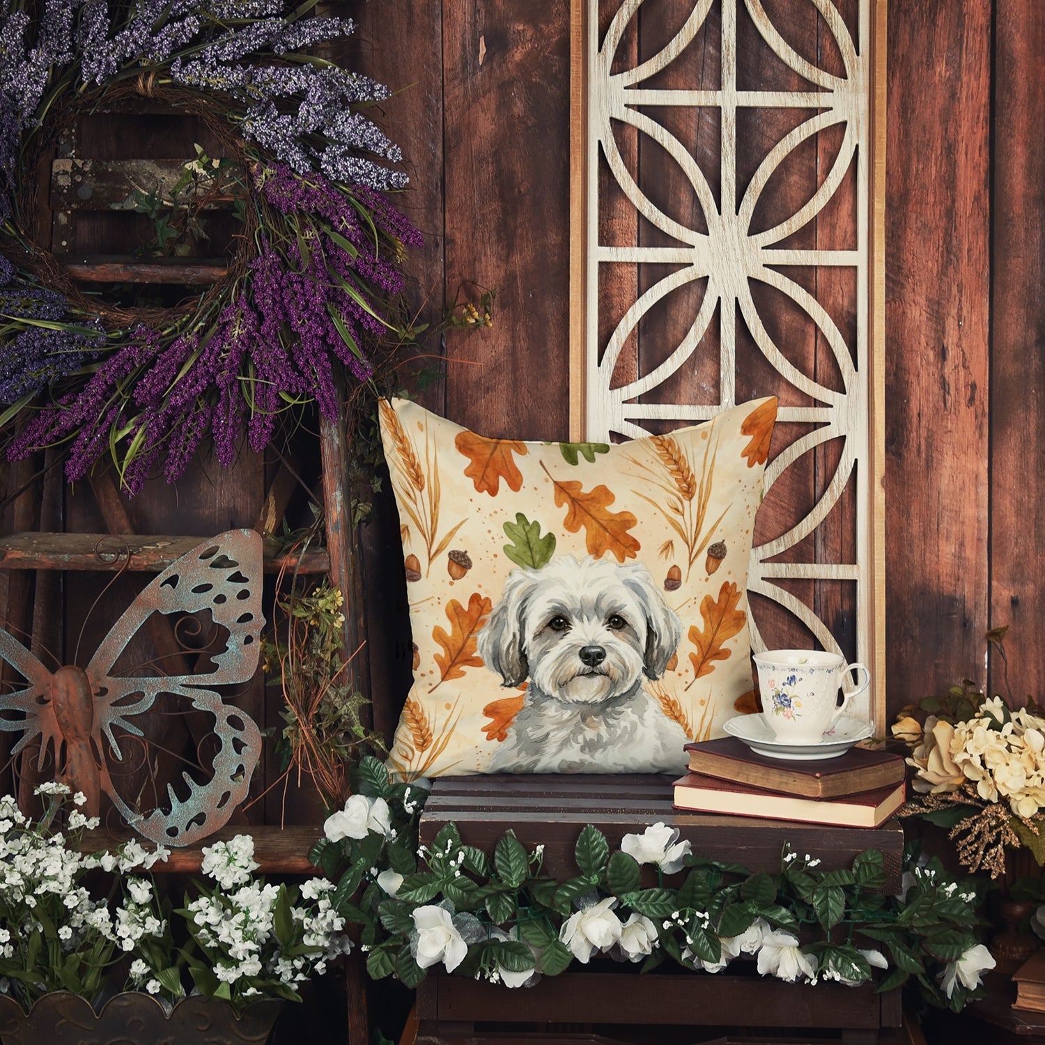 White with Gray Coton de Tulear Heirloom Fall Decorative Throw Pillow 14x14 Indoor Outdoor Accent Cushion, Fabric Cover with Insert for Sofa, Bed, Porch & Living Room