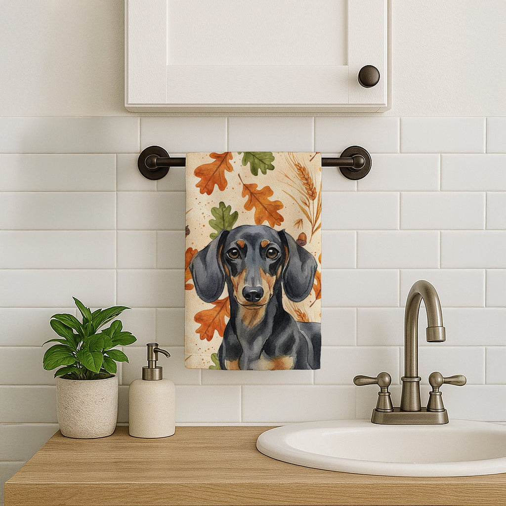 Black and Tan Dachshund Heirloom Fall Kitchen Towel Velour Plush Front and Cotton Loop Back Machine Washable