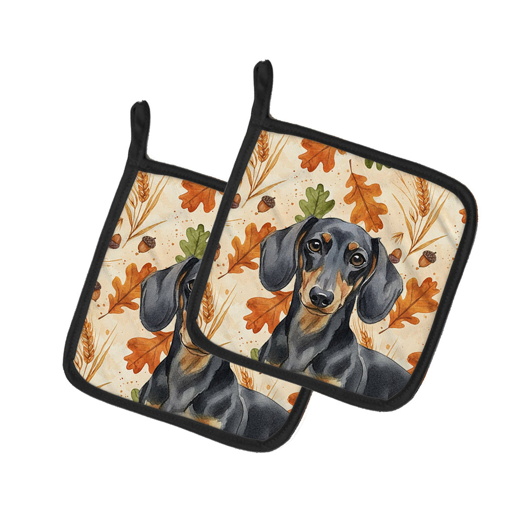 Black and Tan Dachshund Heirloom Fall Pot Holder Set of 2 Heat Resistant Quilted Hot Pads 7.5 x 7.5 Inch, Insulated Kitchen Trivets for Cooking & Baking