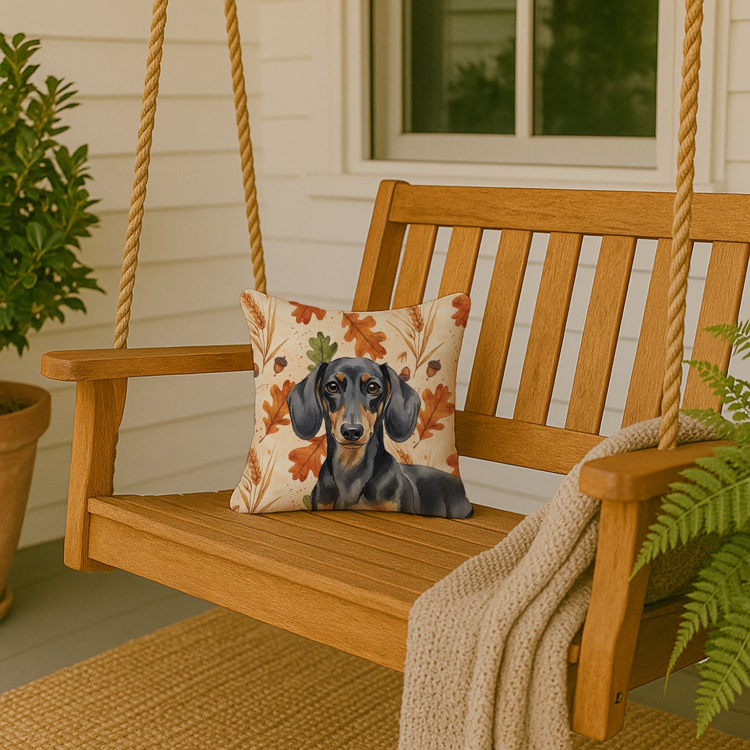 Black and Tan Dachshund Heirloom Fall Decorative Throw Pillow 14x14 Indoor Outdoor Accent Cushion, Fabric Cover with Insert for Sofa, Bed, Porch & Living Room