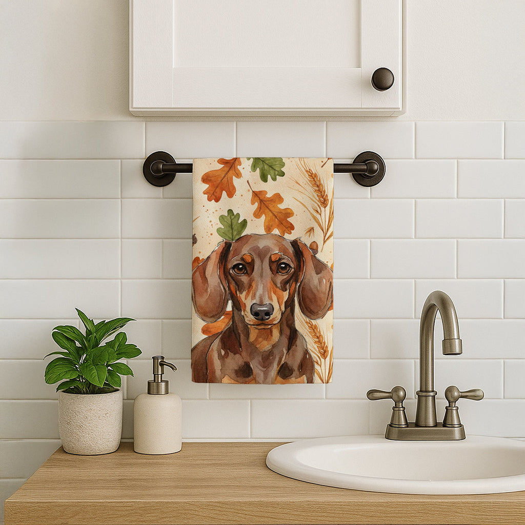 Chocolate and Tan Dachshund Heirloom Fall Kitchen Towel Velour Plush Front and Cotton Loop Back Machine Washable