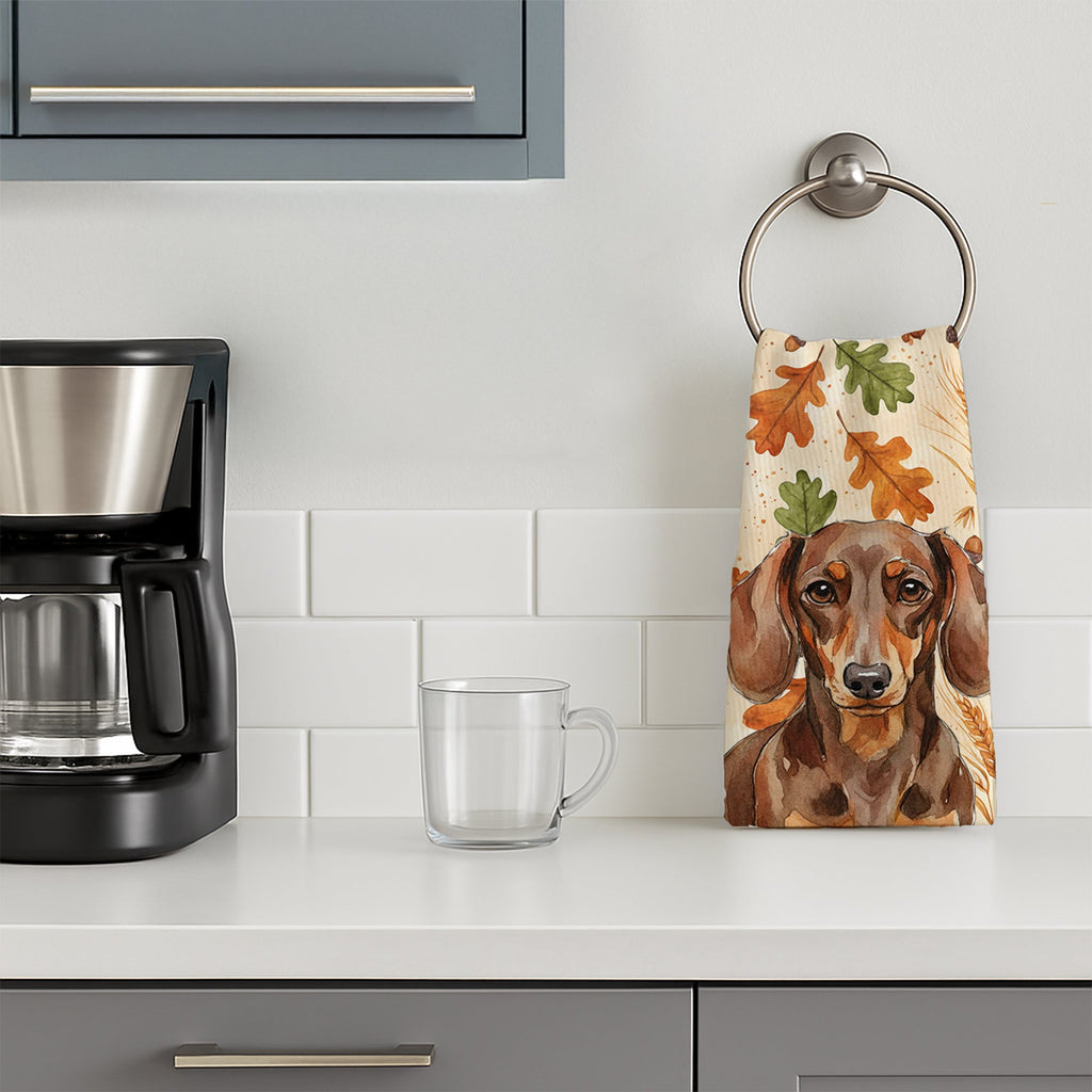 Chocolate and Tan Dachshund Heirloom Fall Kitchen Towel Velour Plush Front and Cotton Loop Back Machine Washable