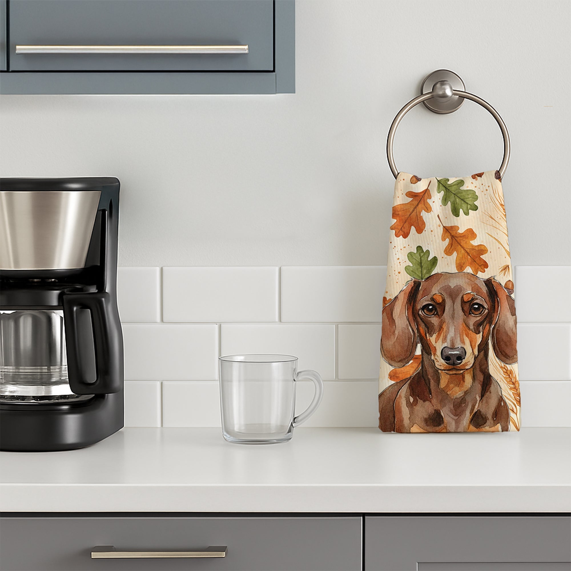 Chocolate and Tan Dachshund Heirloom Fall Kitchen Towel Velour Plush Front and Cotton Loop Back Machine Washable