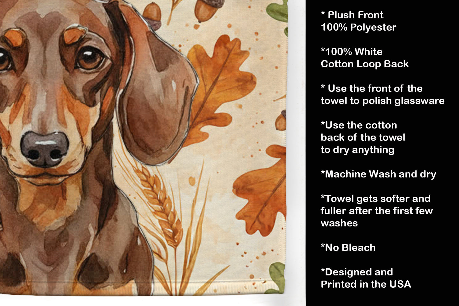 Chocolate and Tan Dachshund Heirloom Fall Kitchen Towel Velour Plush Front and Cotton Loop Back Machine Washable
