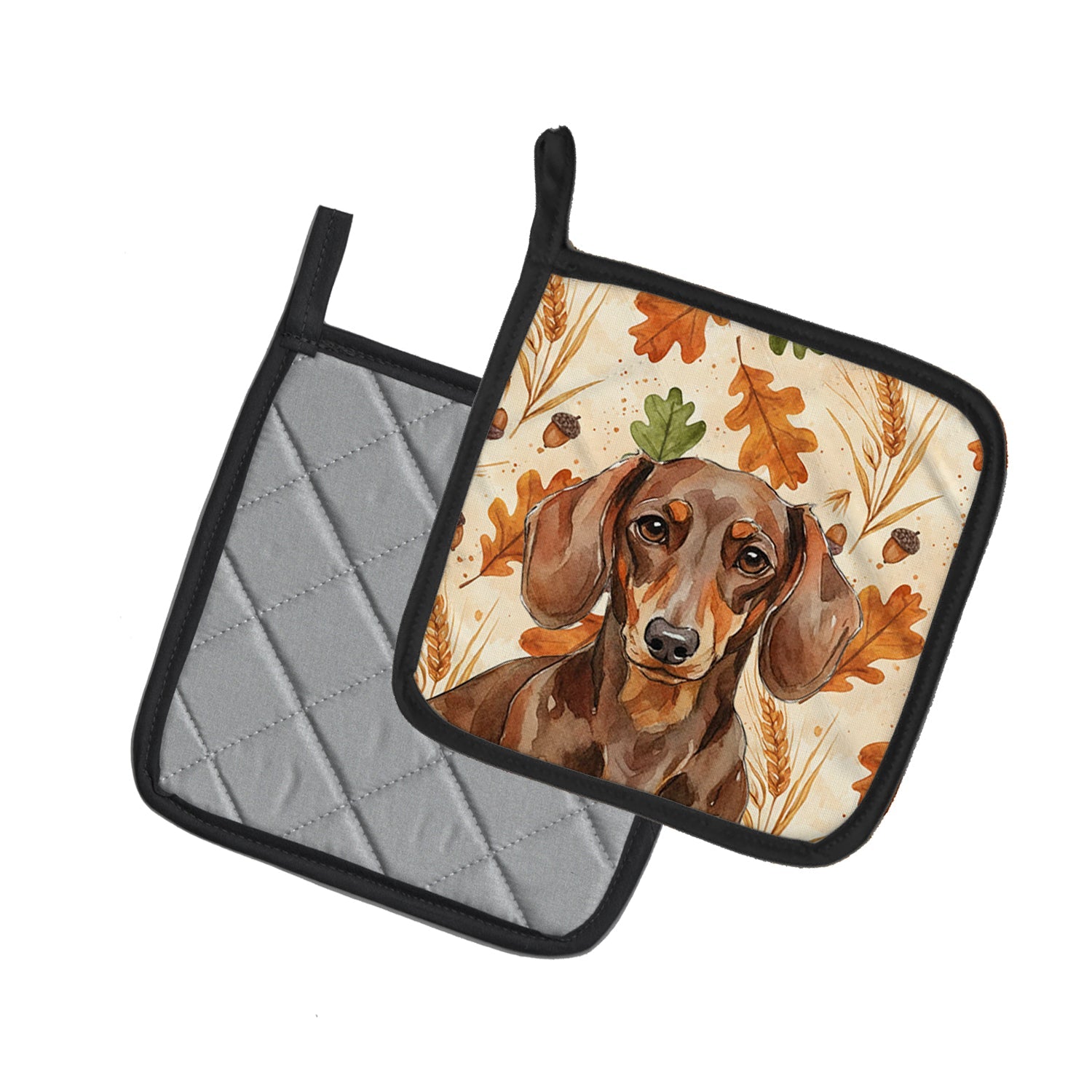 Chocolate and Tan Dachshund Heirloom Fall Pot Holder Set of 2 Heat Resistant Quilted Hot Pads 7.5 x 7.5 Inch, Insulated Kitchen Trivets for Cooking & Baking