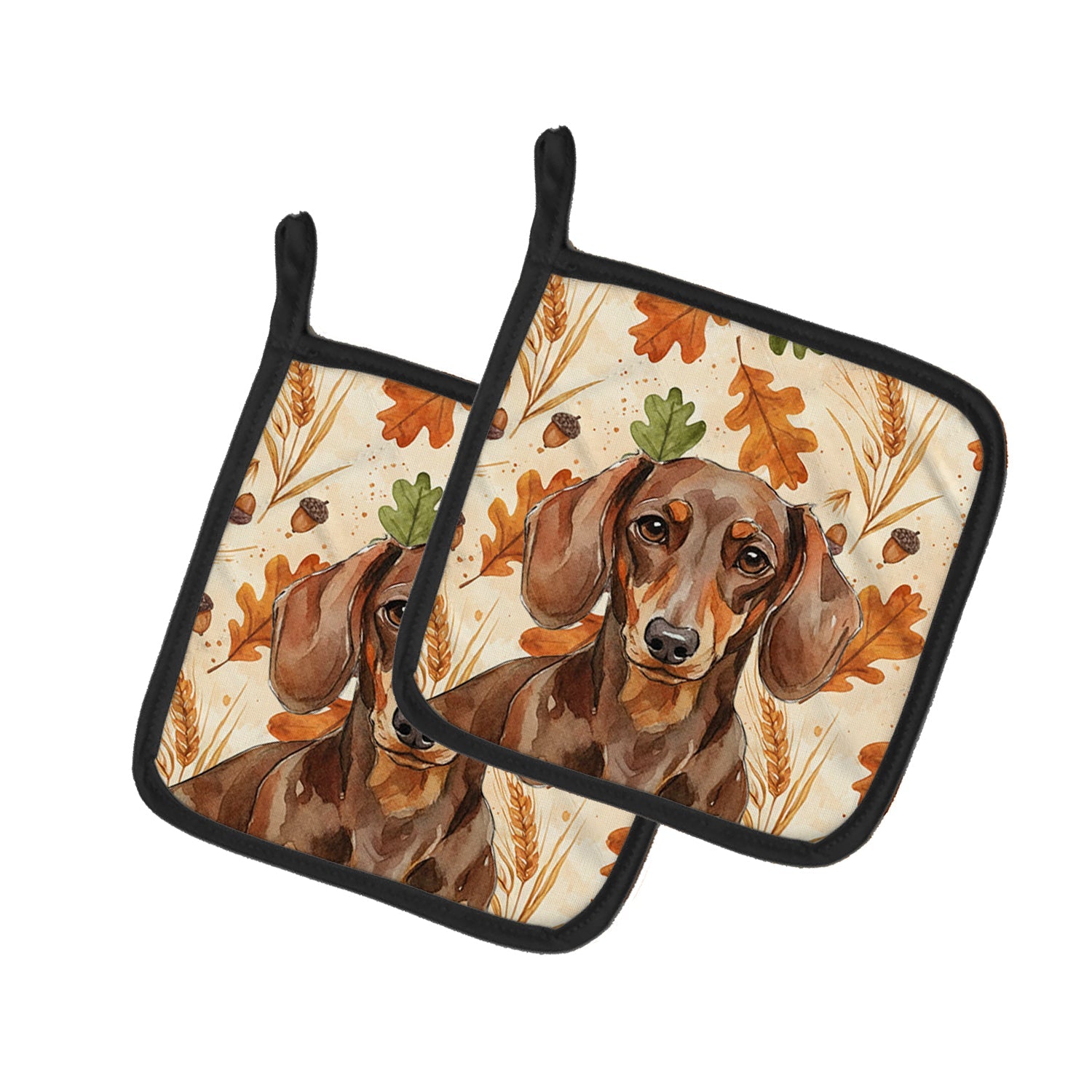 Chocolate and Tan Dachshund Heirloom Fall Pot Holder Set of 2 Heat Resistant Quilted Hot Pads 7.5 x 7.5 Inch, Insulated Kitchen Trivets for Cooking & Baking