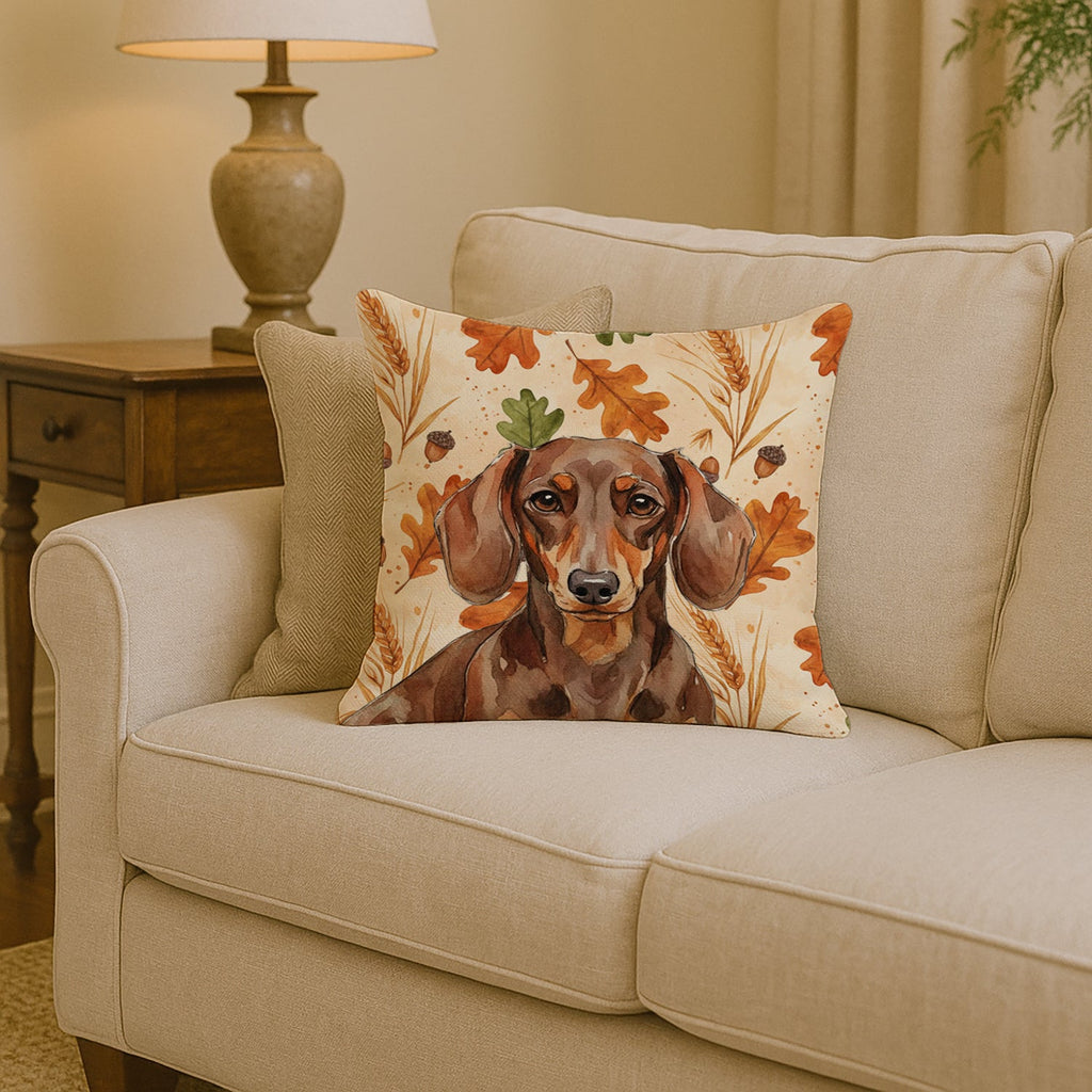 Chocolate and Tan Dachshund Heirloom Fall Decorative Throw Pillow 14x14 Indoor Outdoor Accent Cushion, Fabric Cover with Insert for Sofa, Bed, Porch & Living Room