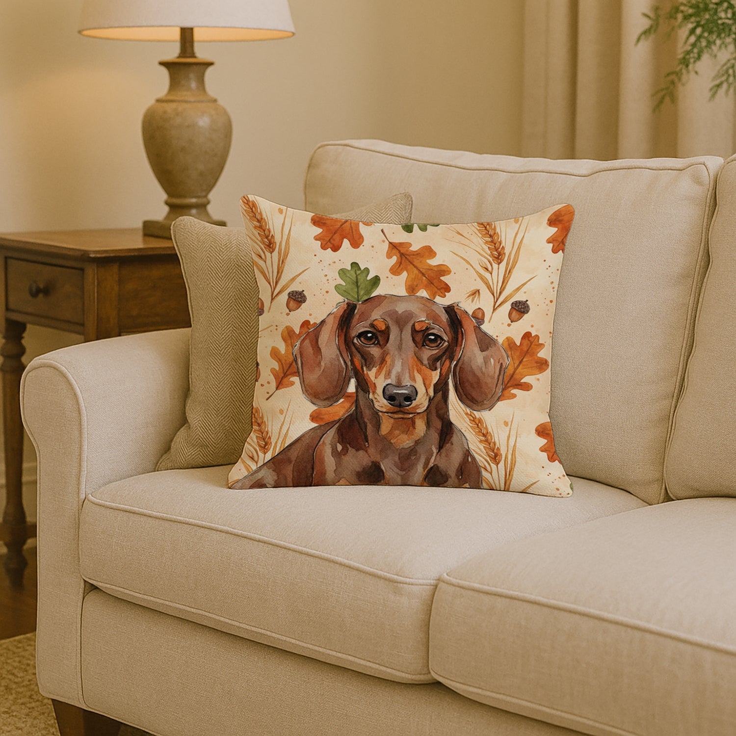 Chocolate and Tan Dachshund Heirloom Fall Decorative Throw Pillow 14x14 Indoor Outdoor Accent Cushion, Fabric Cover with Insert for Sofa, Bed, Porch & Living Room