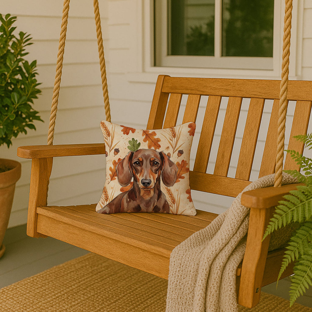 Chocolate and Tan Dachshund Heirloom Fall Decorative Throw Pillow 14x14 Indoor Outdoor Accent Cushion, Fabric Cover with Insert for Sofa, Bed, Porch & Living Room