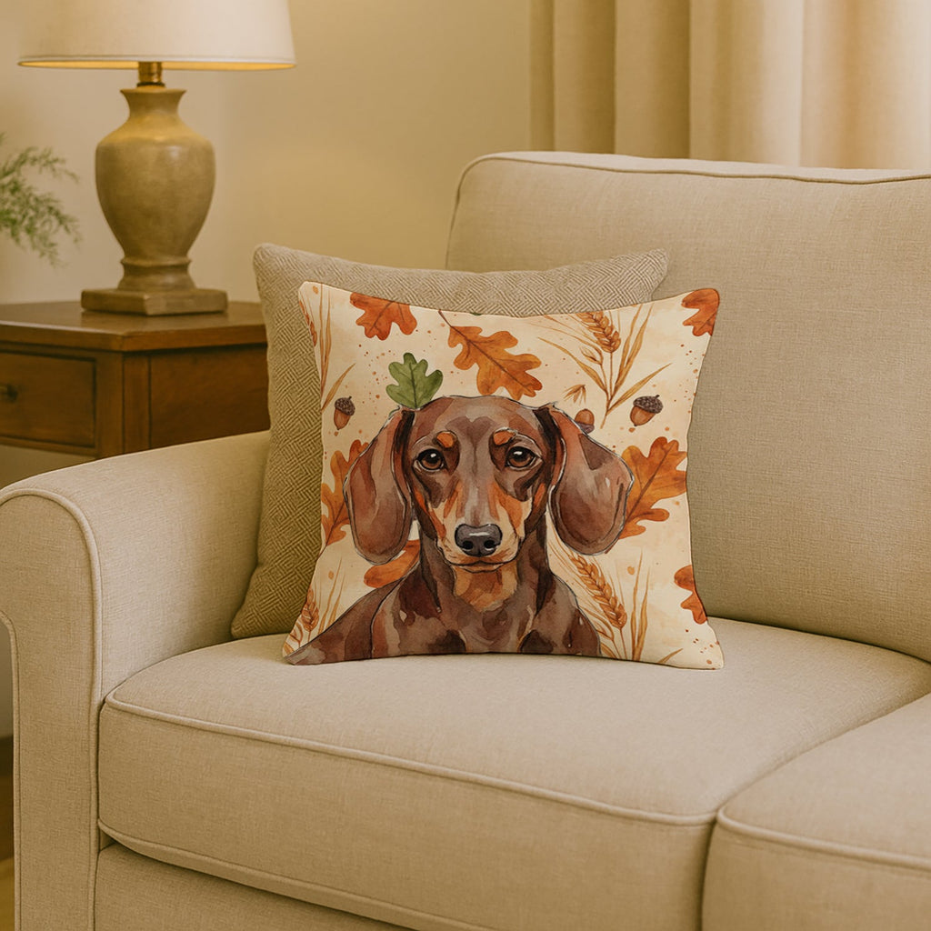 Chocolate and Tan Dachshund Heirloom Fall Decorative Throw Pillow 18x18 Indoor Outdoor Accent Cushion, Fabric Cover with Insert for Sofa, Bed, Porch & Living Room