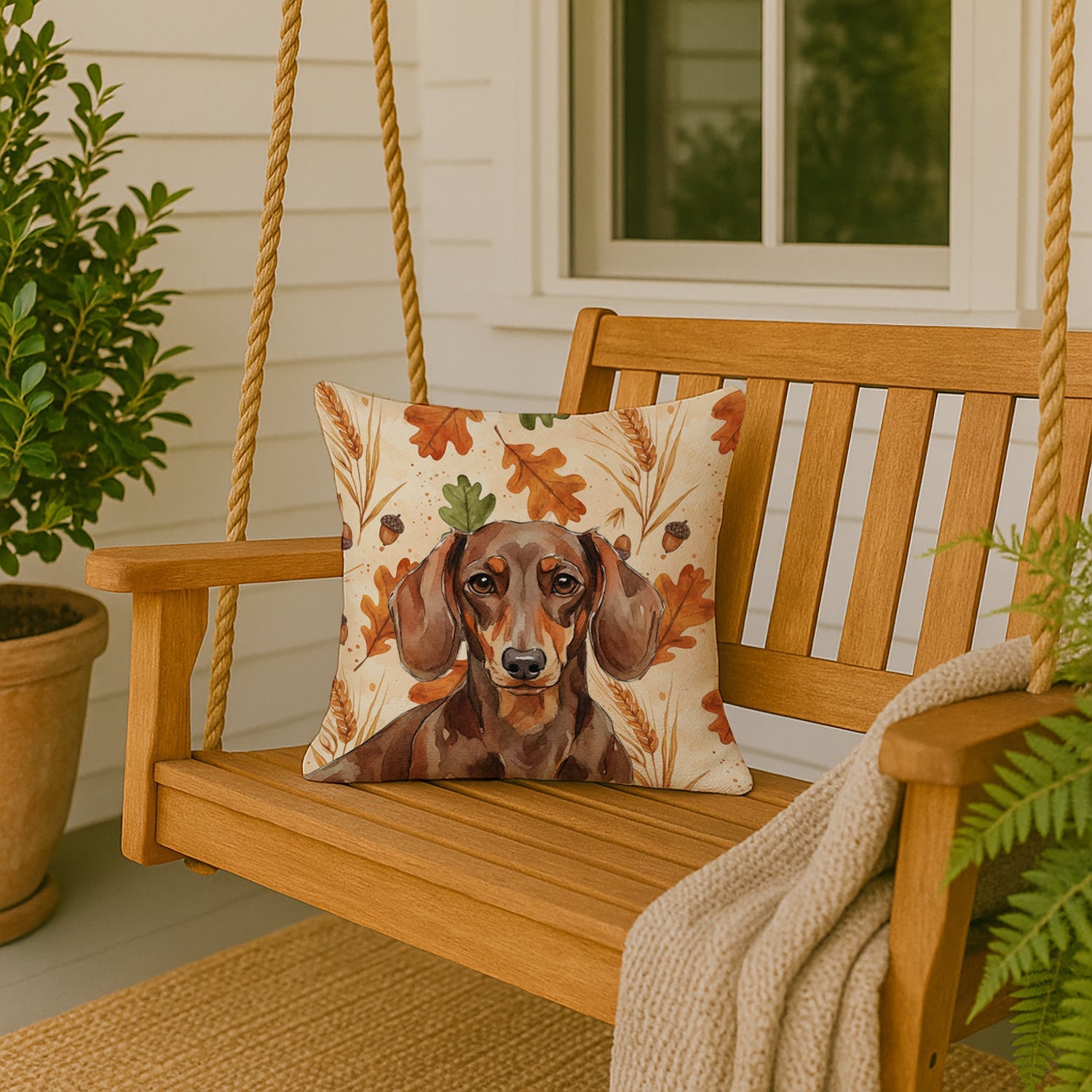 Chocolate and Tan Dachshund Heirloom Fall Decorative Throw Pillow 18x18 Indoor Outdoor Accent Cushion, Fabric Cover with Insert for Sofa, Bed, Porch & Living Room