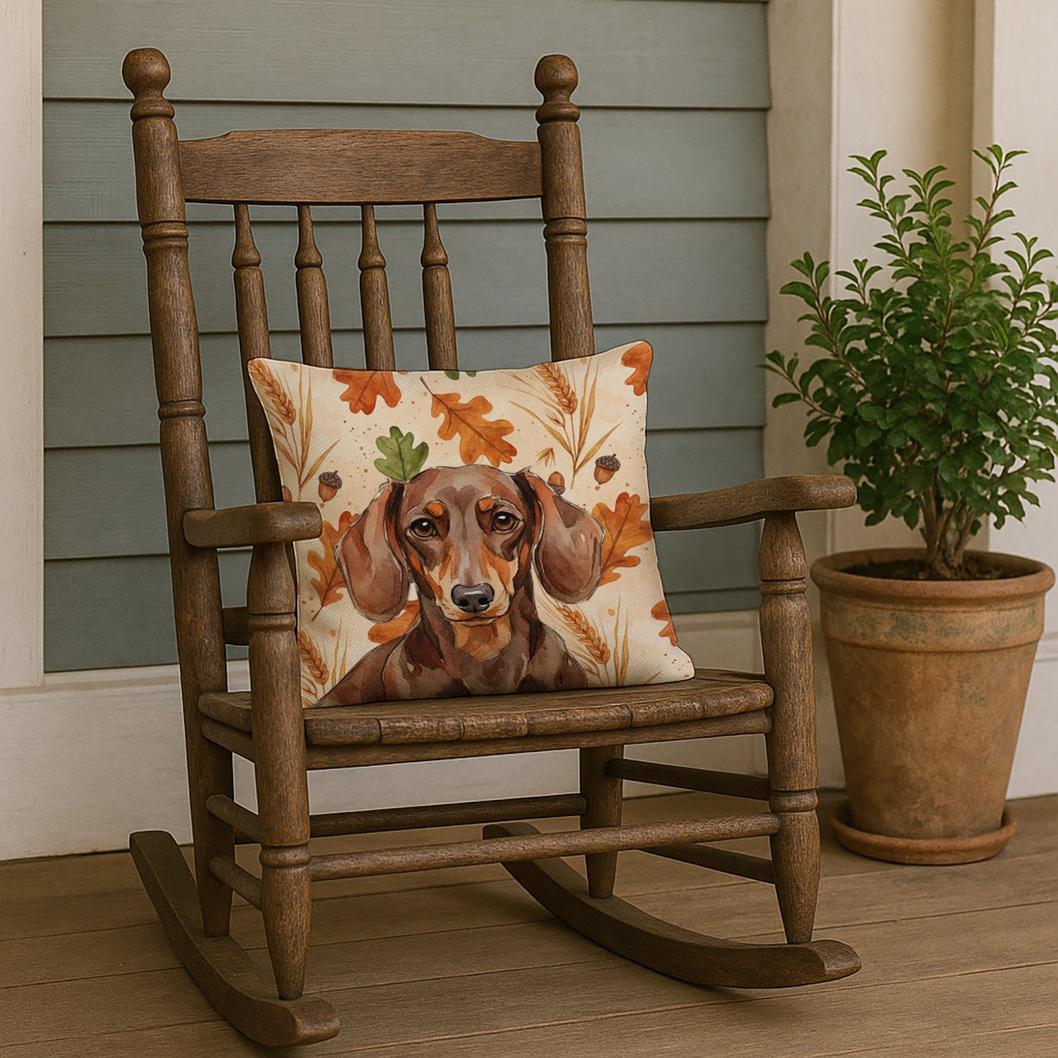 Chocolate and Tan Dachshund Heirloom Fall Decorative Throw Pillow 18x18 Indoor Outdoor Accent Cushion, Fabric Cover with Insert for Sofa, Bed, Porch & Living Room
